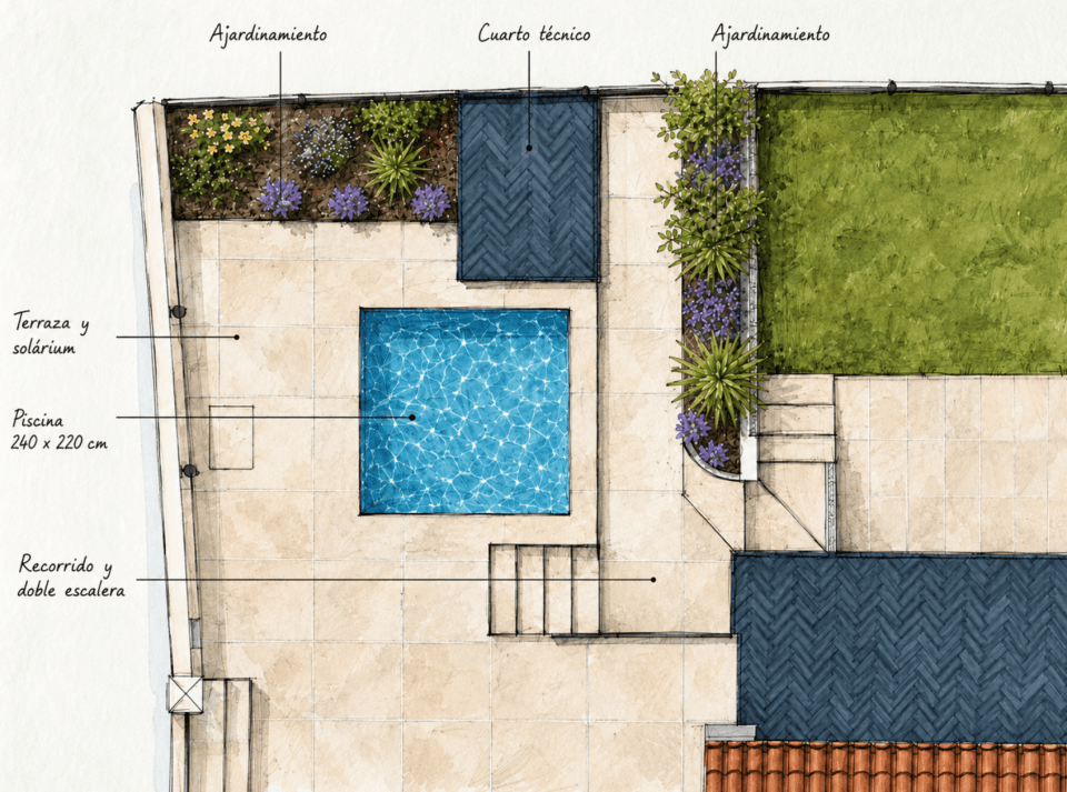Plano del estado inicial del jardín en pendiente: rellanos, escalera doble, jardinera conservada y zona no edificable antes de implantar la piscina