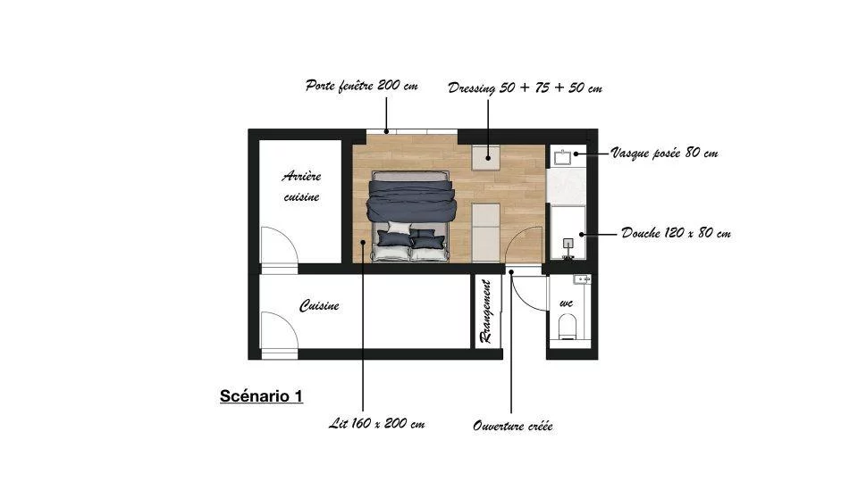 Plan de la première solution d'aménagement : salle d'eau, dressing 2 mètres et chambre avec baie vitrée