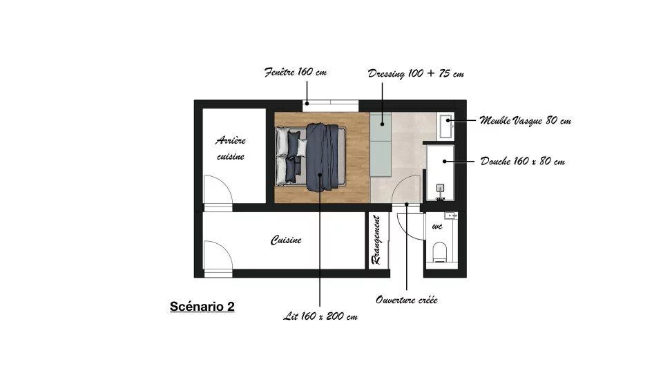 Plan de la deuxième solution d'aménagement : douche 160x80 cm et fenêtre généreuse