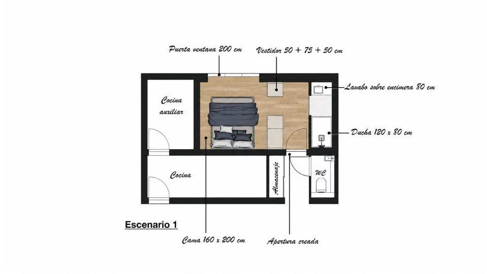 Plano de la primera opción de distribución: baño, vestidor y dormitorio con puerta corredera de cristal