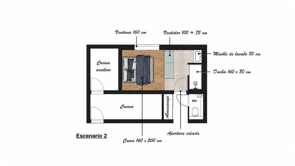 Plano de la segunda opción de distribución: ducha de 160x80 cm y ventana generosa