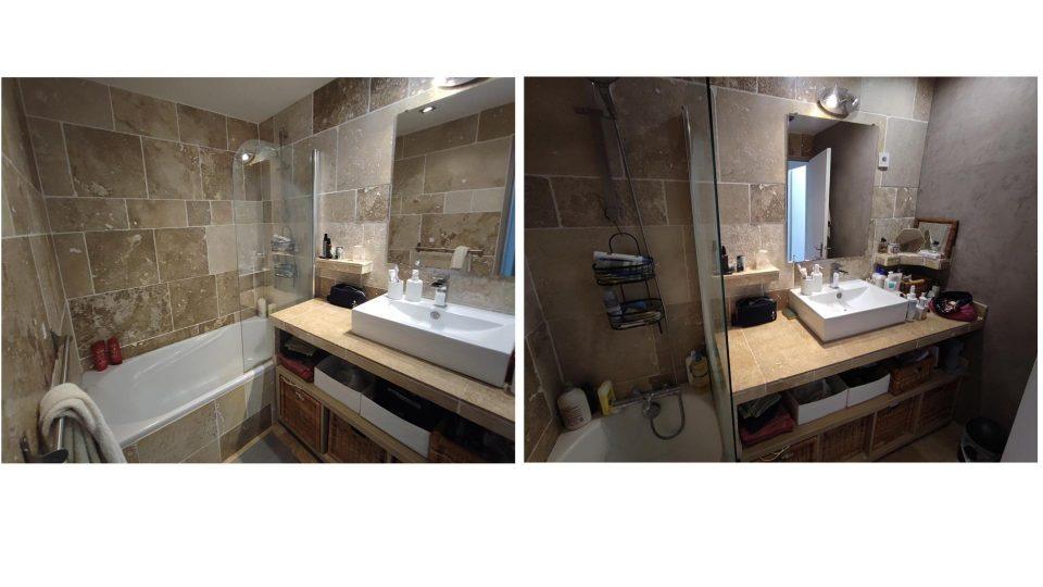 Variante 1 sur plan : douche 70x140 cm avec demi-cloison, vasque simple 80 cm et colonne de rangement 60x60 cm