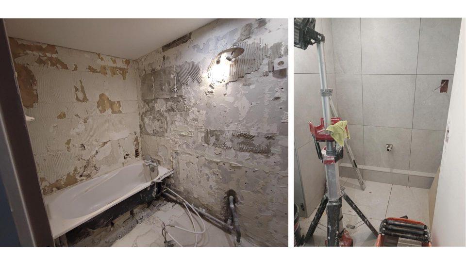 Variante 2 sur plan : receveur de douche 80x120 cm surélevé, meuble double vasque 120 cm et niche éclairée