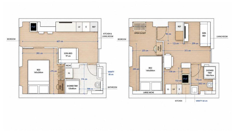 The two floor plans for the studio-to-one-bedroom conversion shown in the video, solution 1 and solution 2