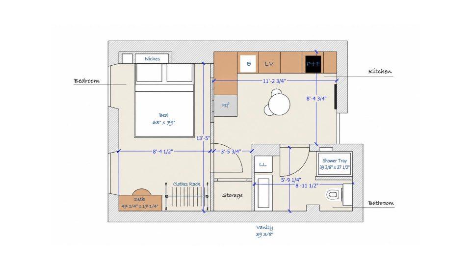 Third layout option for the studio-to-one-bedroom conversion: bright XXL bedroom and ultra-functional kitchen
