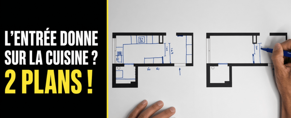 Comment aménager une entrée qui donne directement sur la cuisine dans cette appartement de 90 m² ? 2 solutions
