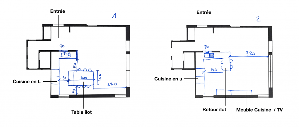 Plan d’aménagement d’une cuisine ouverte sur salon avec deux scénarios en L et en U dans un T4 de 93 m²