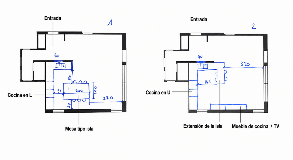 Dos propuestas de distribución para abrir la cocina al salón, comparando una cocina en L y otra en U en un apartamento de 93 m²