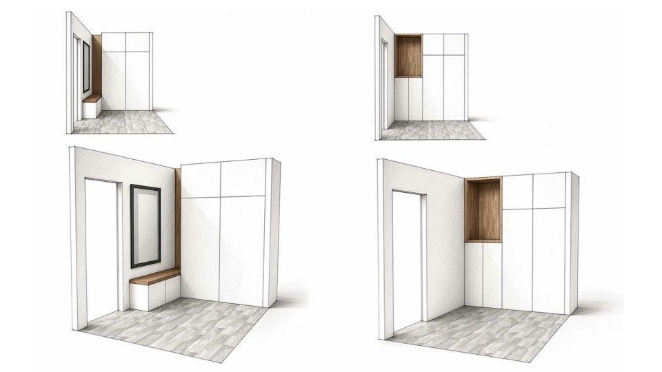 Deux solutions de meuble d’entrée toute hauteur avec banquette, miroir et grande niche en bois