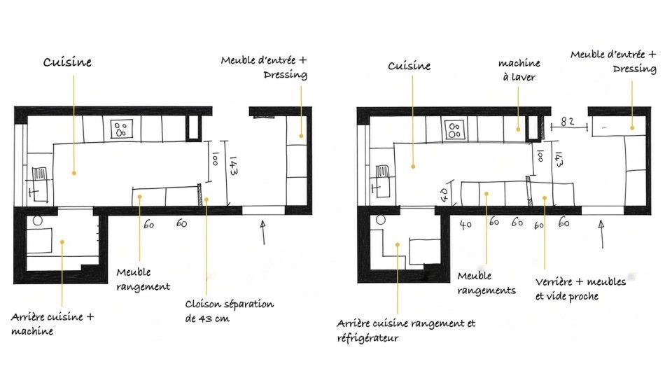 Deux scénarios d’aménagement d’une entrée donnant directement sur la cuisine dans un T4 de 90 m²