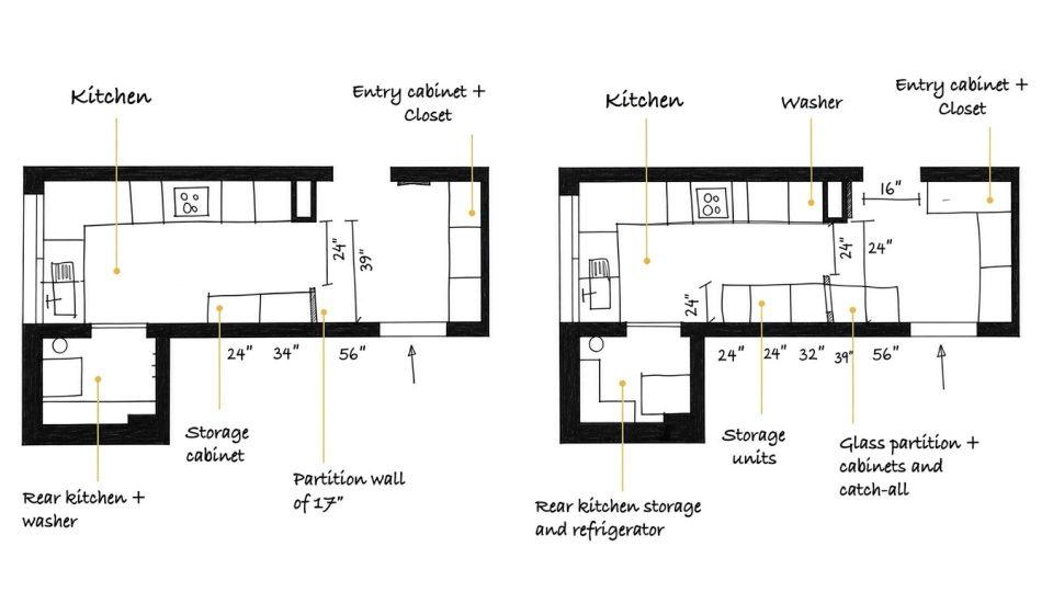 Two floor plan scenarios for creating an entryway that opens directly into the kitchen in a roughly 970 sq ft apartment