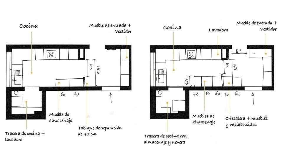 Dos escenarios de distribución para crear un recibidor que da directamente a la cocina en un apartamento T4 de 90 m²