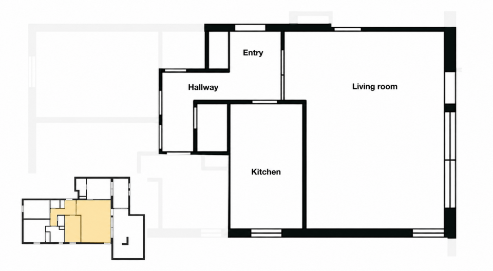 Existing floor plan of a 1,001 sq ft apartment with enclosed kitchen, entry and living room