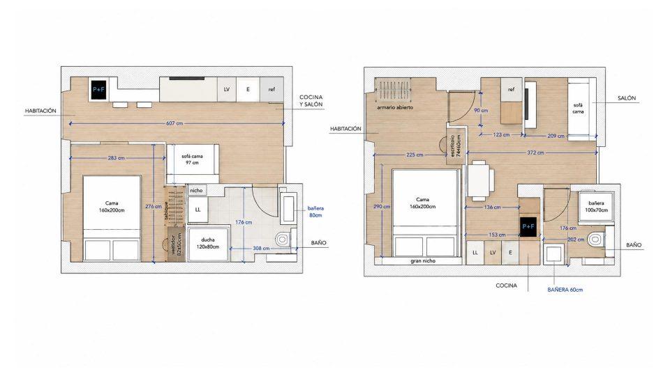 Los dos planos de distribución del estudio convertido en piso de un dormitorio, solución 1 y solución 2