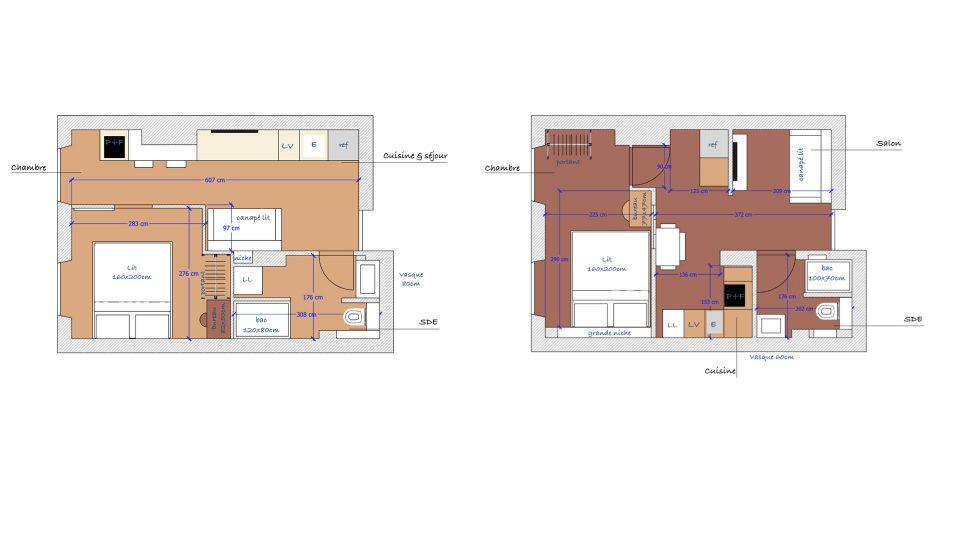 Les deux plans d'aménagement du studio en T1 présentés dans la vidéo, solution 1 et solution 2