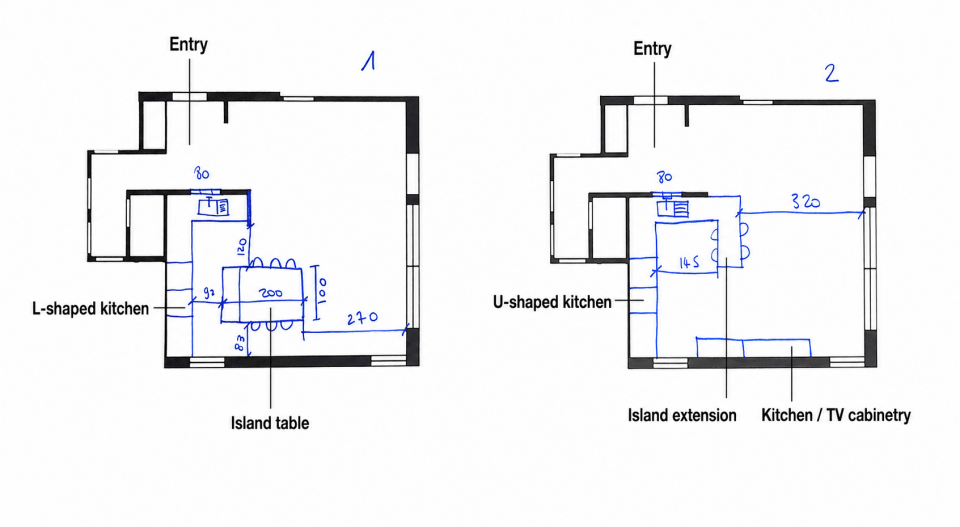 Two floor-plan proposals for opening a kitchen to the living room, comparing L-shaped and U-shaped layouts in a 1,001 sq ft apartment