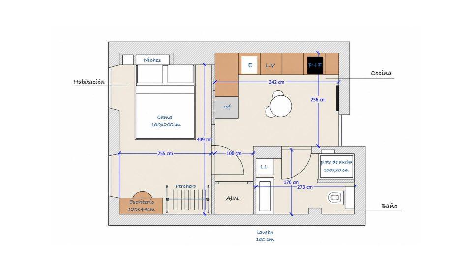 Tercera solución de distribución del estudio en piso de un dormitorio: habitación XXL luminosa y cocina ultra funcional