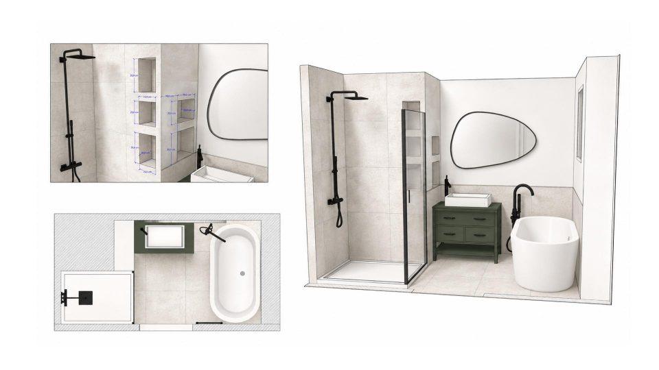 Comparaison sur plan des différentes implantations étudiées pour une salle de bain parentale de 4 à 5 m²