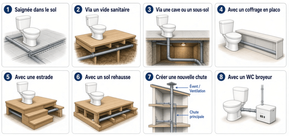 Schéma des 8 solutions pour raccorder de nouveaux WC à une évacuation dans une maison