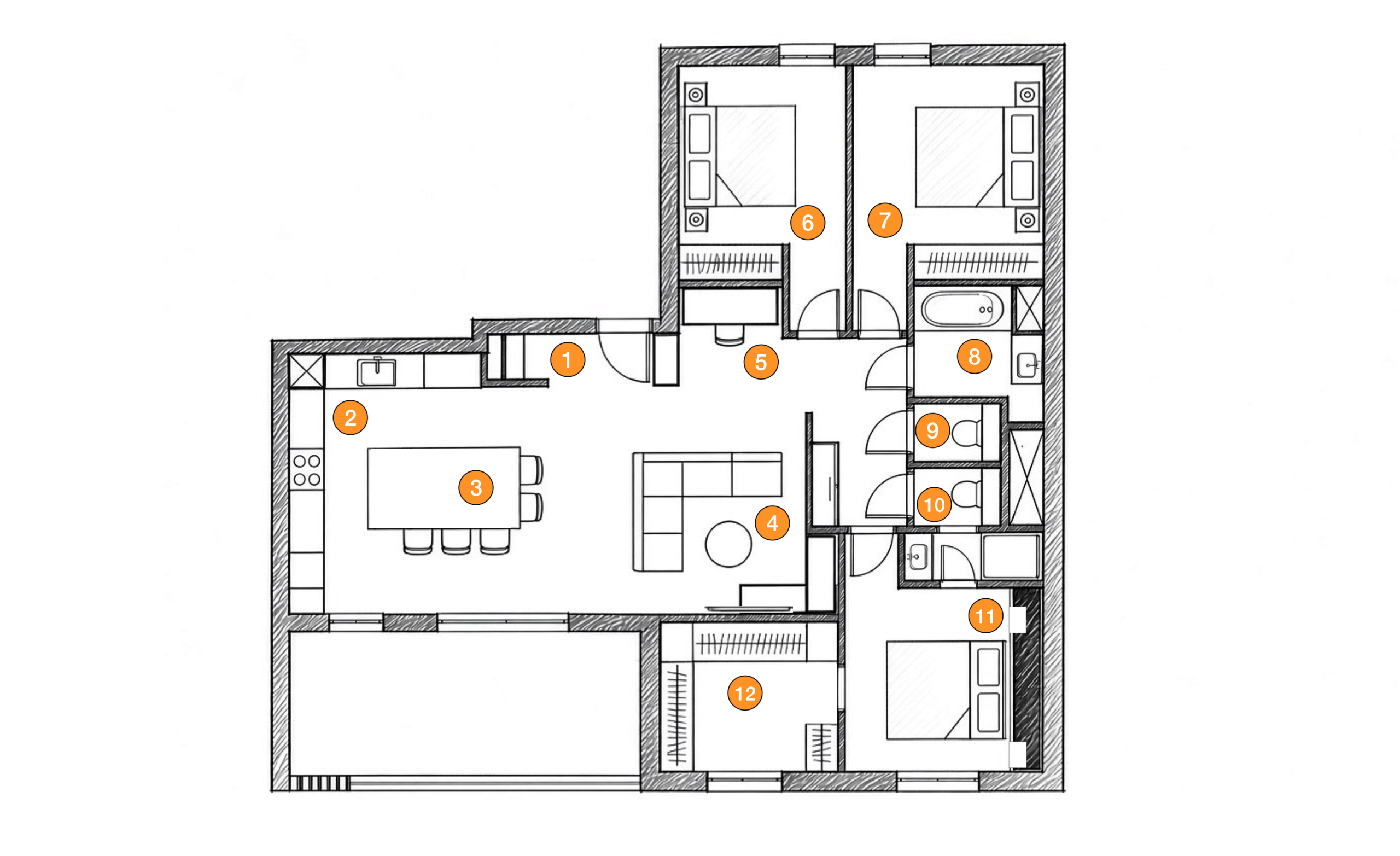 Plan après réaménagement d’un appartement T4 de 87,7 m² avec nouvelle entrée, cuisine avec îlot, dressing et suite parentale avec salle d’eau et WC