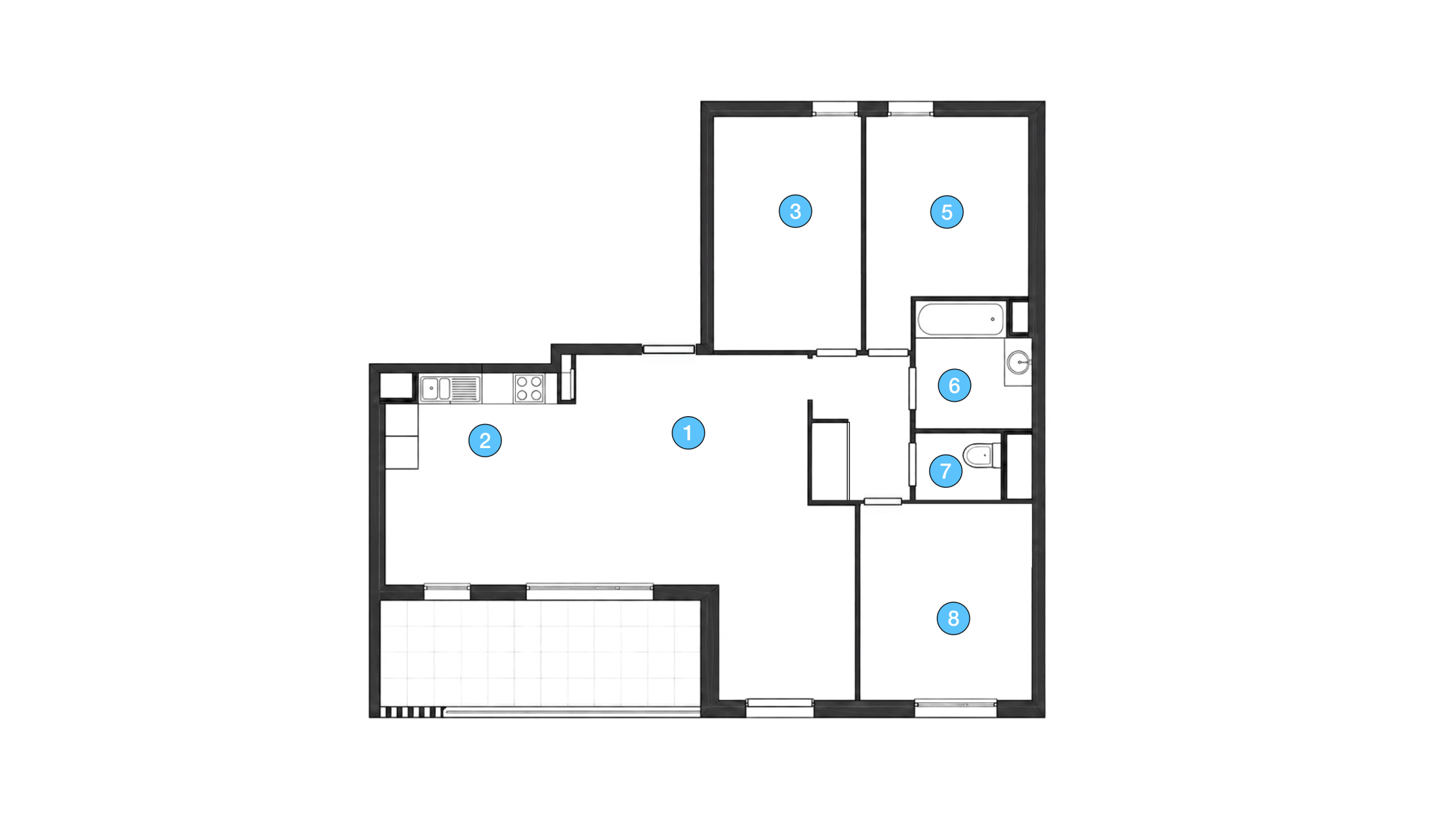 Plan avant réaménagement d’un appartement T4 de 87,7 m² avec séjour, cuisine, trois chambres, salle de bain et WC