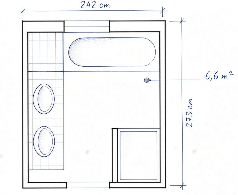 Plan existant de la salle de bain familiale de 6,6 m² avec baignoire, douche, vasque et dimensions