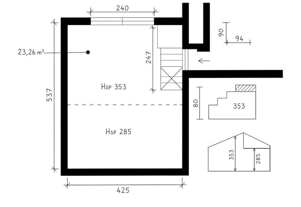 État des lieux du garage de 23,26 m² avant transformation en suite parentale avec escalier, mezzanine et réseaux existants