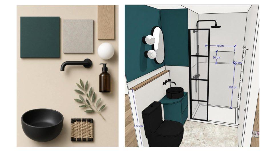 Palette de matériaux et vue 3D de la petite salle de bain avec WC, vasque noire, douche vitrée et niche murale