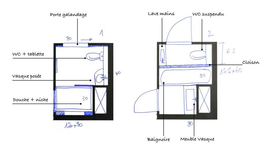 Deux plans d'aménagement de la petite salle de bain de 3,3 m² avec solution douche et WC posé, puis variante baignoire avec WC séparé