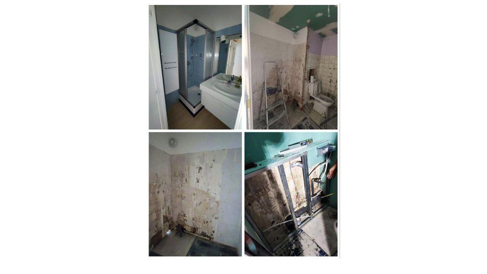 Salle de bain avant rénovation et phases de démolition avec supports mis à nu et châssis de porte à galandage en cours d'intégration