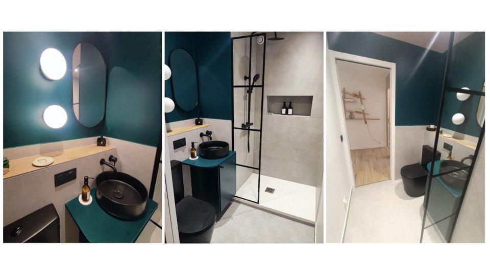 Salle de bain rénovée de 3,3 m² avec vasque noire, douche vitrée, niche murale, WC et murs vert profond