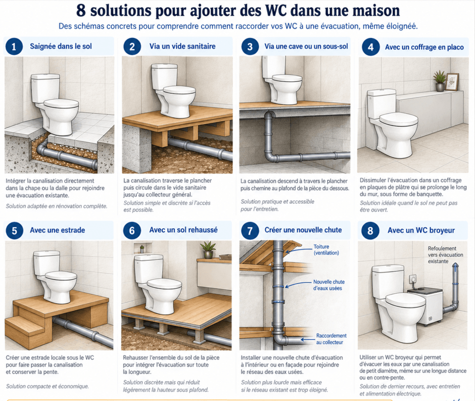 8 solutions pour raccorder un nouveau WC à une évacuation dans une maison