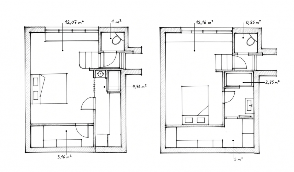 Comparaison des deux plans pour transformer un garage de 23 m² en suite parentale avec salle d’eau, buanderie et rangements