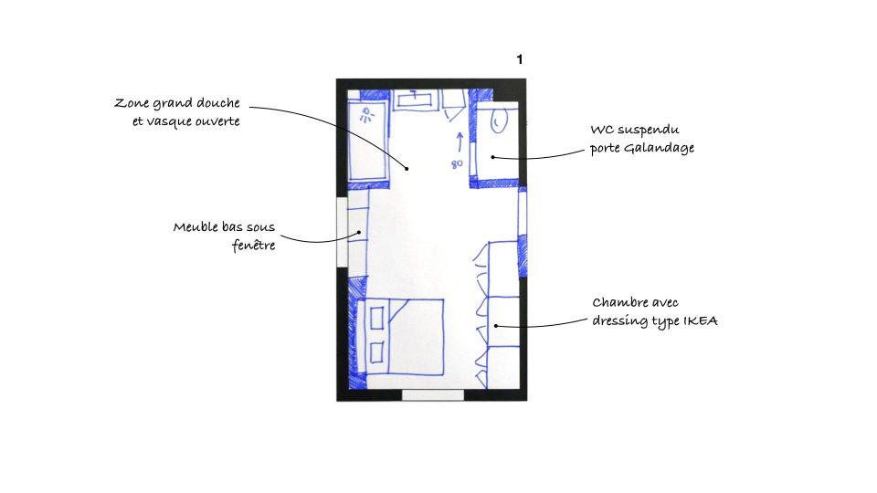 Plan 1 d'une suite parentale ouverte de 35 m² avec douche, dressing et WC séparé