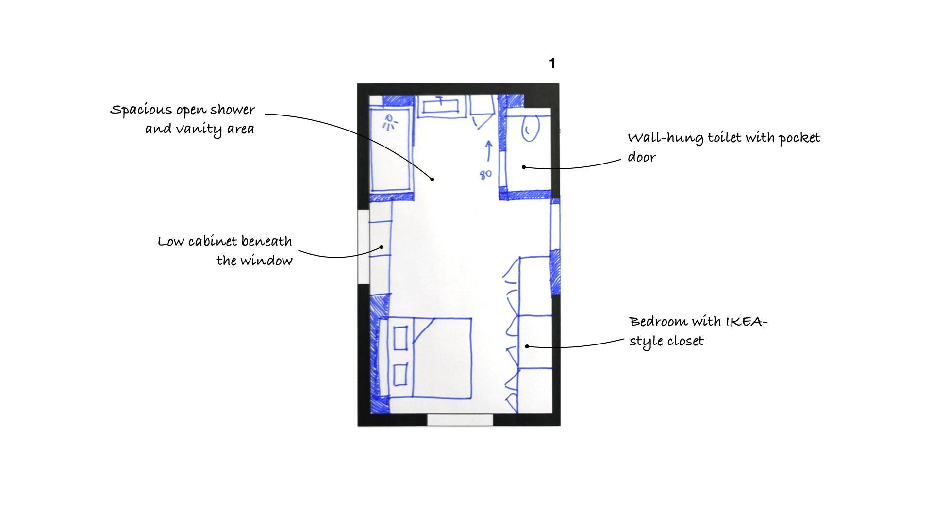 Floor Plan 1 for a 380 sq ft open primary suite with shower, closet and separate toilet