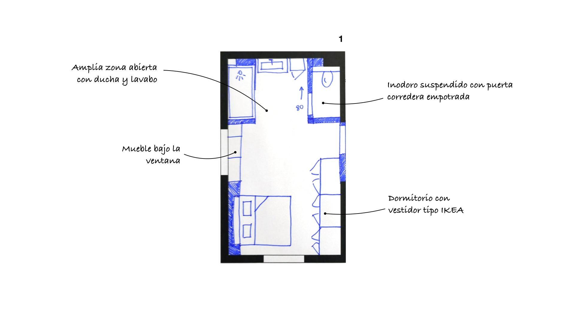 Plano 1 de una suite principal abierta de 35 m² con ducha, vestidor y WC independiente
