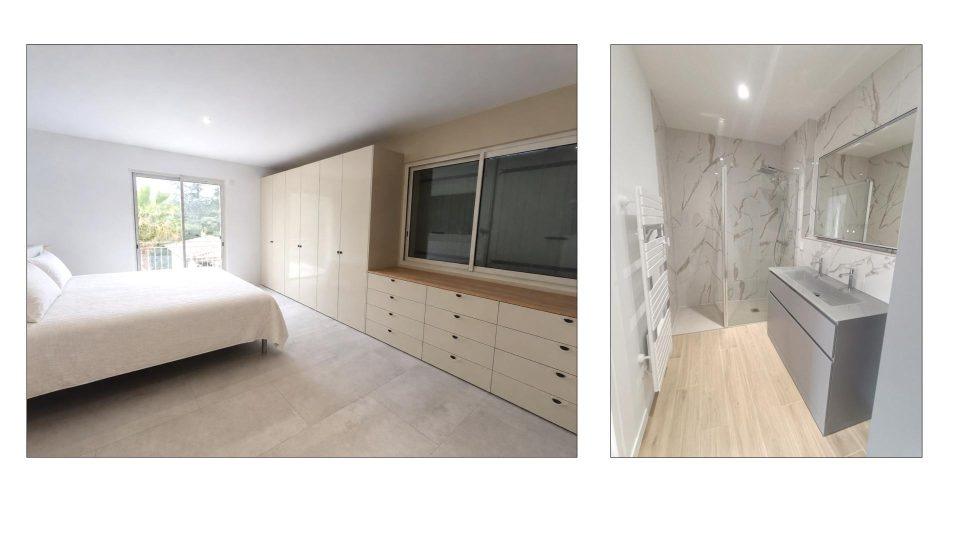 Suite parentale réalisée avec dressing, meubles sous fenêtre, grande douche et double vasque