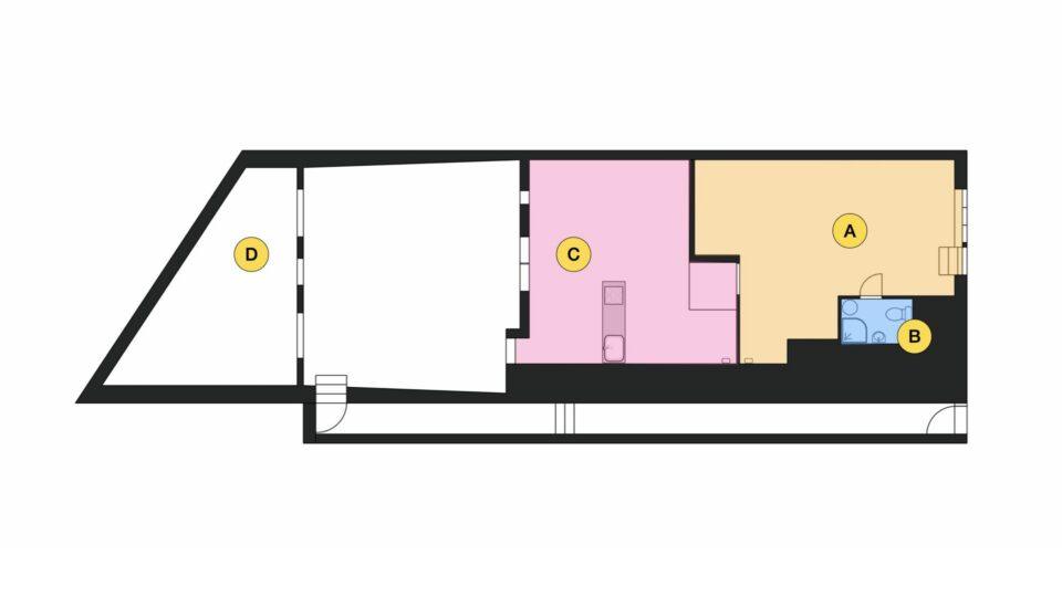 Plan existant du T2 de 84 m² dans un ancien garage, avec entrée et séjour, salle d’eau, espace nuit, cuisine et cour extérieure