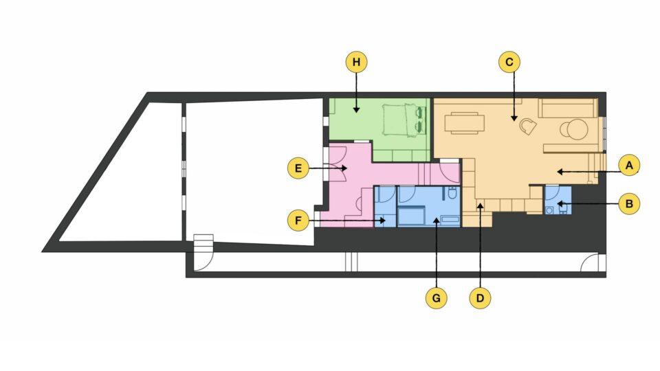 Plan proposé du T2 de 84 m² avec entrée, deux WC, cuisine en L, salon, bureau, buanderie et chambre avec dressing