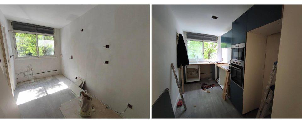 Chantier de rénovation de l’entrée, de la cuisine et de la loggia pendant les travaux