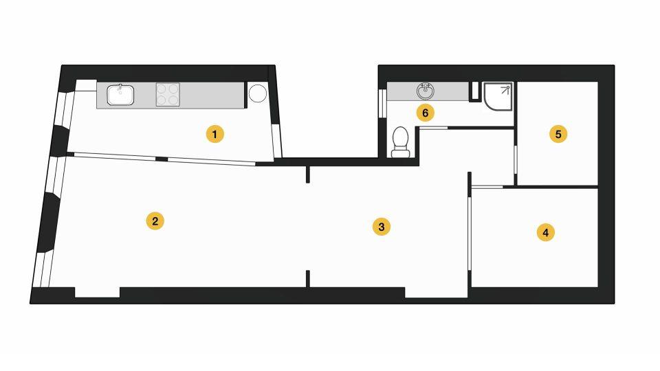 Plan existant d’un appartement T2 de 59 m² avec chambre aveugle de moins de 8 m²
