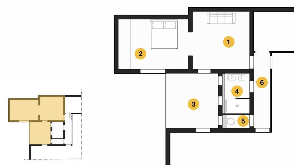 État des lieux avant création d’une suite parentale avec chambres, terrasse couverte, salle d’eau, WC et circulation